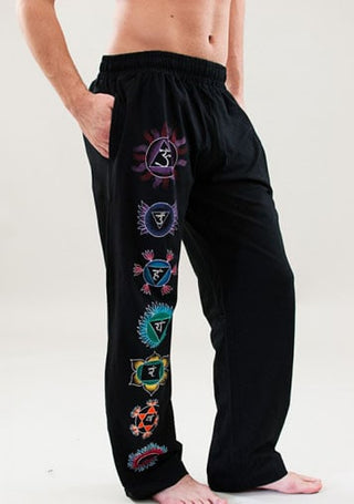 Mens Chakra Yoga Pants - Black, Loose Fit, Full Length