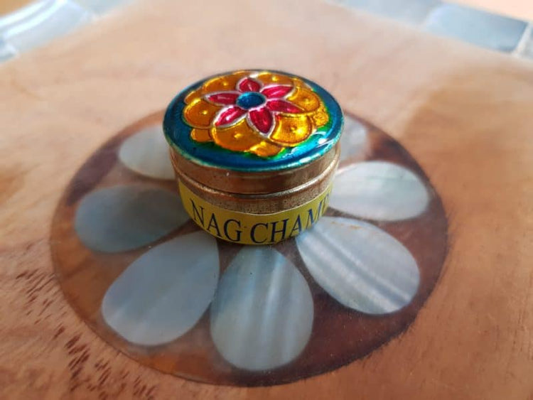 Natural Solid Perfume In Enamel Tin - Nag Champa, Sandalwood, Jasmine