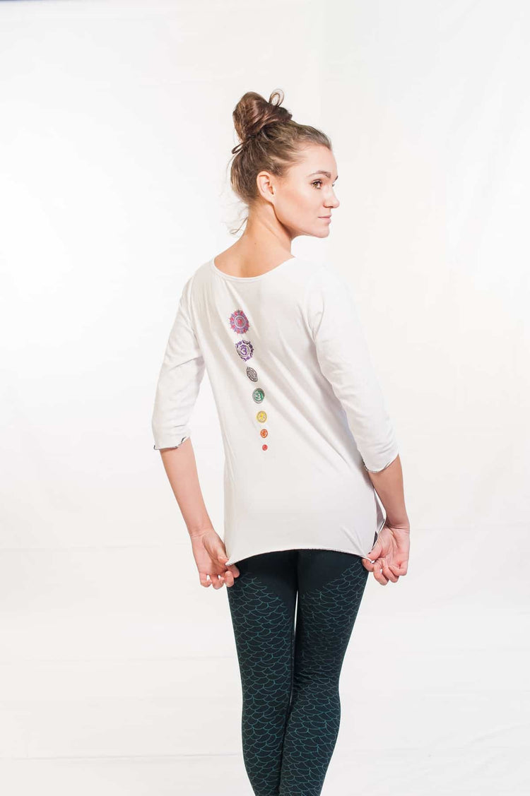 Organic Embroidered Chakra Yoga Top - White, Long Sleeved
