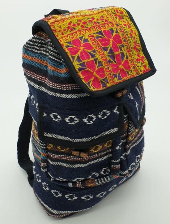 Striped Cotton Hippy Backpack With Recycled Patchwork Embroidery