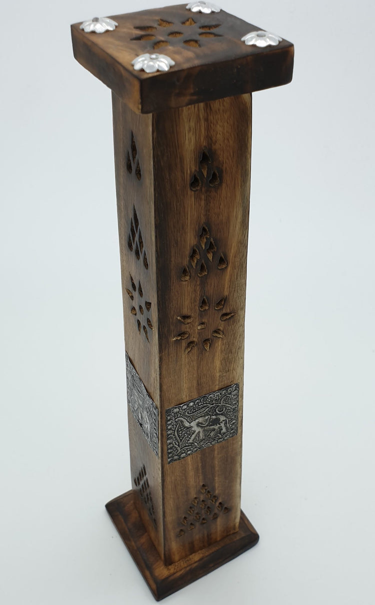 Tower Box Incense Holder With Elephant Inlay - Mango Wood