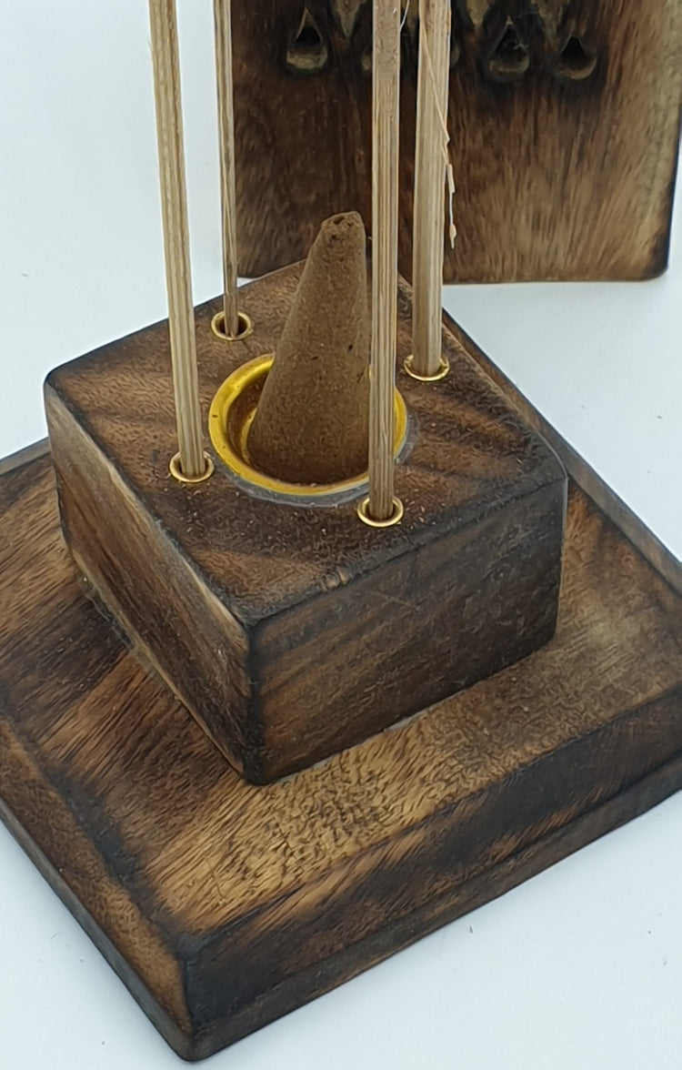 Tower Box Incense Holder With Elephant Inlay - Mango Wood