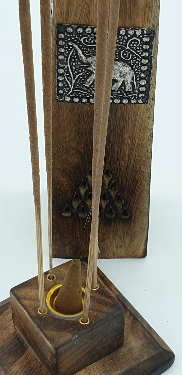 Tower Box Incense Holder With Elephant Inlay - Mango Wood