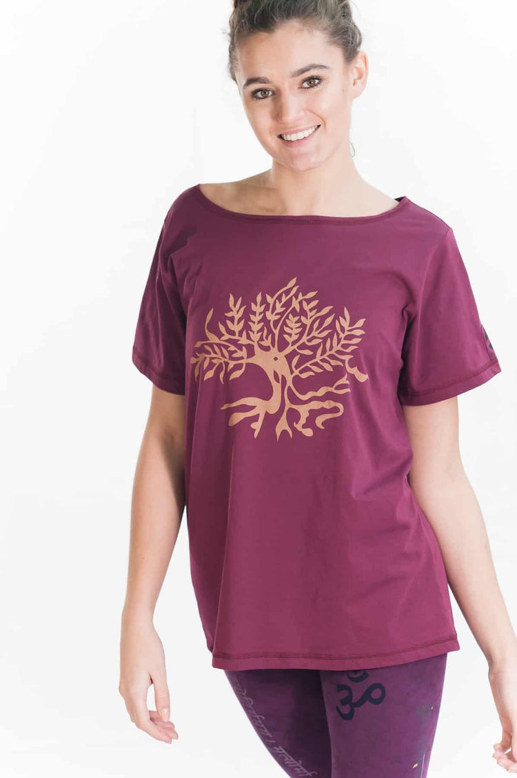 Tree of Life T Shirt - Organic Cotton, Burgundy, Loose Fit