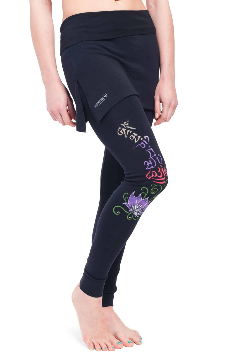 Women’s Buddha Mantra Skirt Leggings, Black, Handpainted