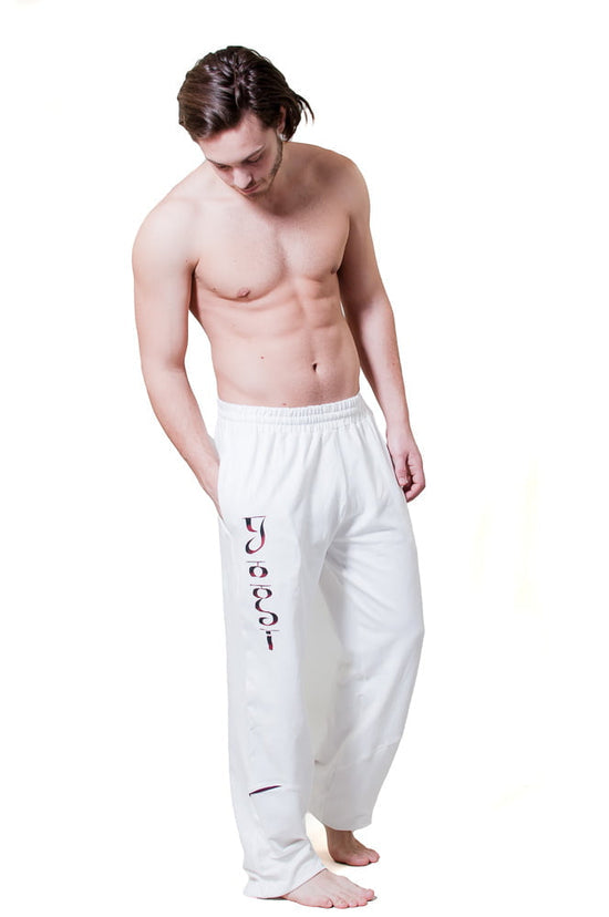 'Yogi' White Yoga Pants For Men - Wide Leg, Adjustable Waist