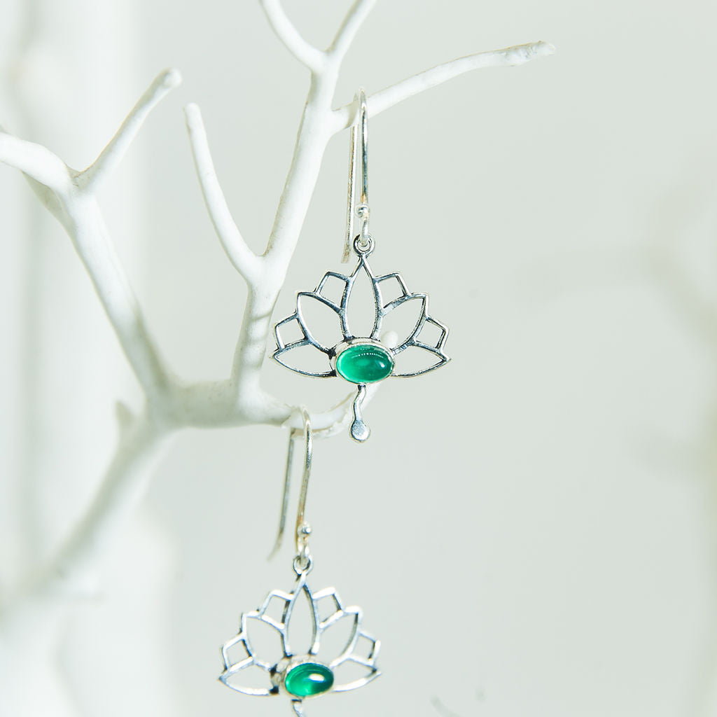Lotus Earrings with Green Stone