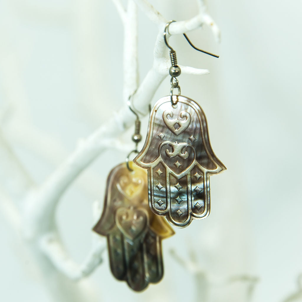 Abalone Shell Hamsa Hand of Fatima Earrings