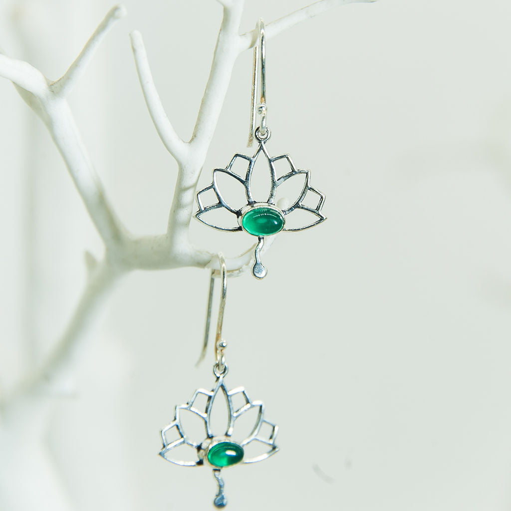 Lotus Earrings with Green Stone