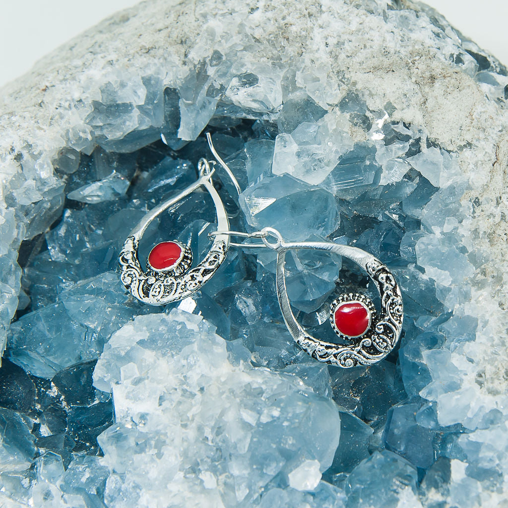 92.5% Bali Silver with Red Stone Earrings