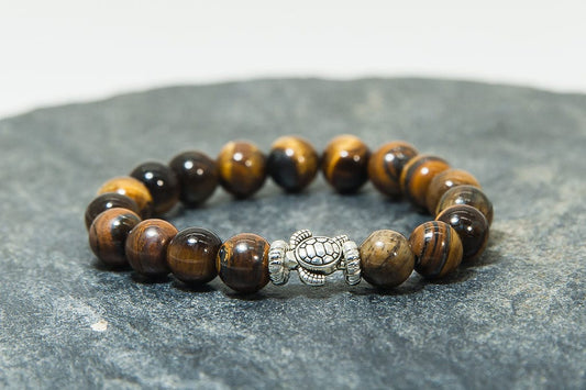 Big Tiger Eye Bracelet with Silver Turtle
