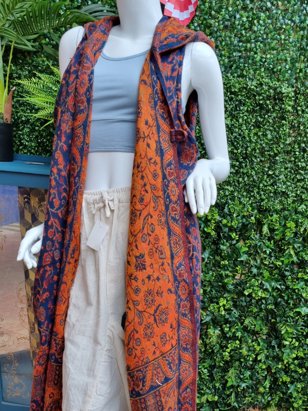 Womens Sleeveless Cardigan With Hood - Paisley Navy/Orange