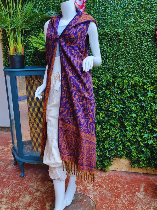 Womens Sleeveless Cardigan With Hood - Paisley Purple/Orange