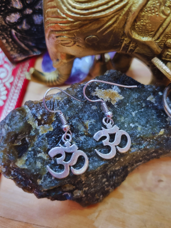 Silver Om Drop Earrings