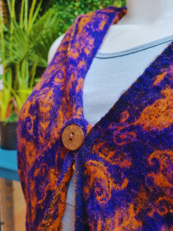 Womens Sleeveless Cardigan With Hood - Paisley Purple/Orange