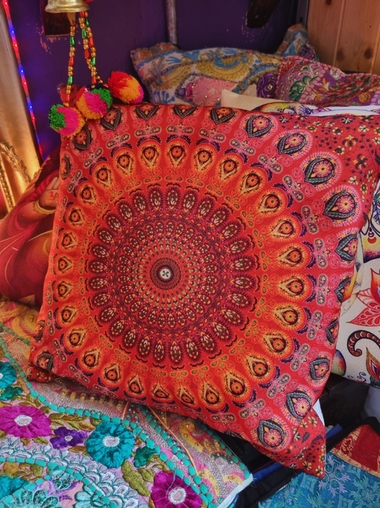 Red And Orange Floral Mandala Cushion Cover - 40x40cm