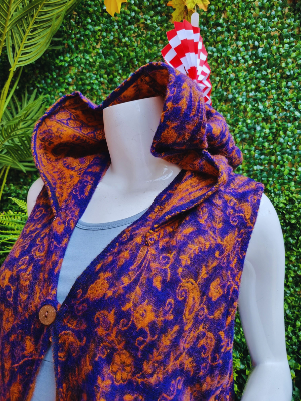 Womens Sleeveless Cardigan With Hood - Paisley Purple/Orange