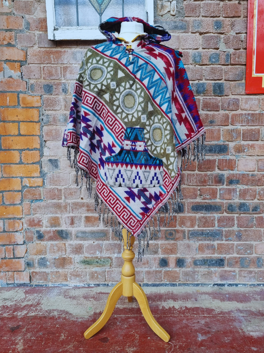 Wool Blend Hooded Poncho With Pocket - Light Colours