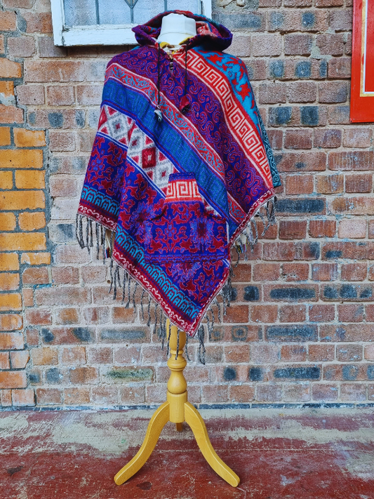 Wool Blend Hooded Poncho With Pocket - Royal Blue & Purple