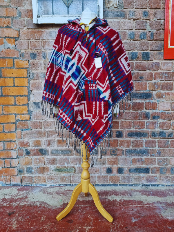 Wool Blend Hooded Poncho With Pocket - Geo Mexican Style Blue & Red