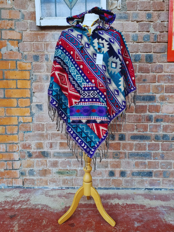 Wool Blend Hooded Poncho With Pocket - Geo Mexican Style Red White & Blue