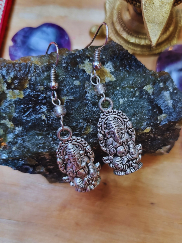 Ganesha Drop Earrings - On Silver Ear Wires