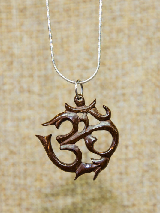 Carved Wooden Om Necklace - Coconut Wood, 48cm Chain