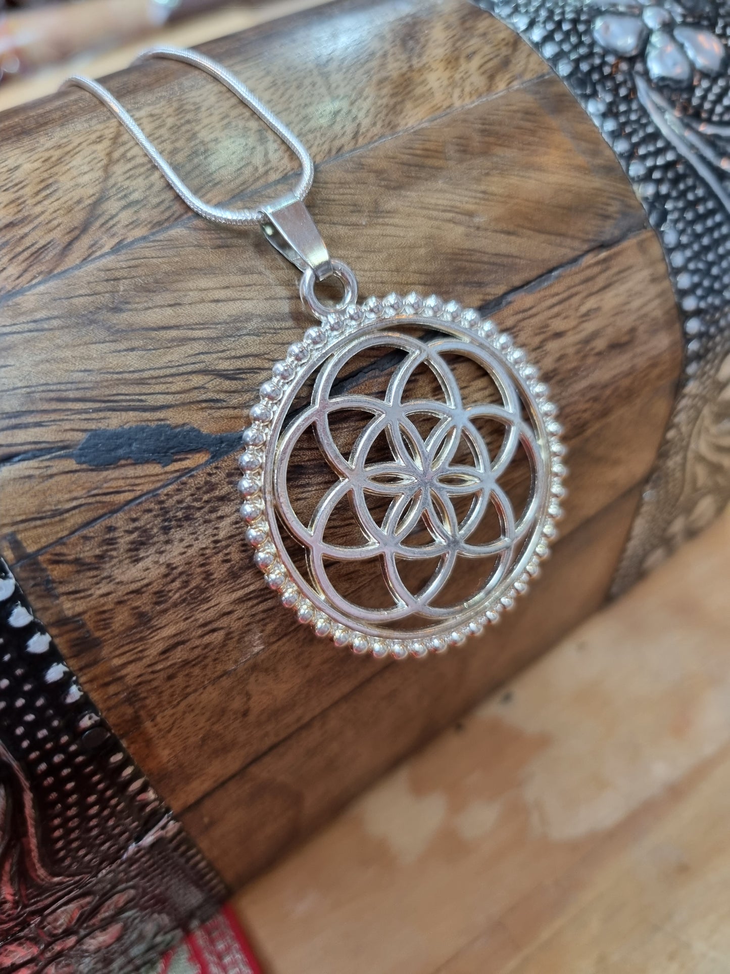 Flower of Life Brass Silver Polished Pendant With Chain