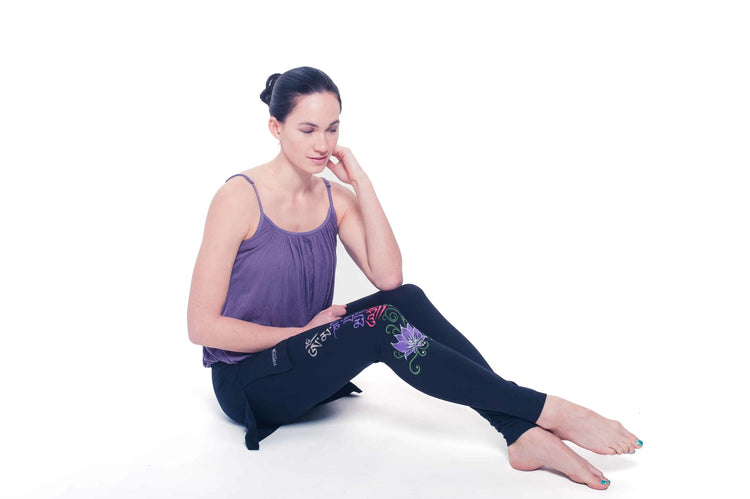 Women’s Buddha Mantra Skirt Leggings, Black, Handpainted