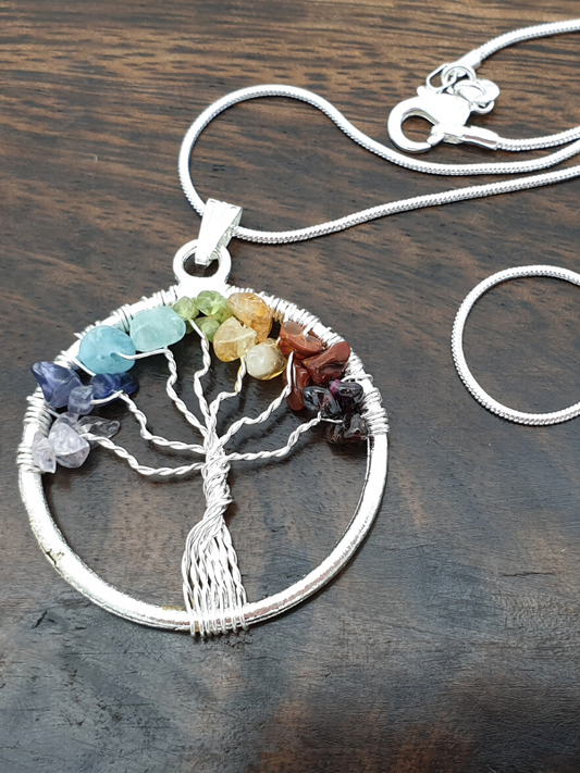 Gemstone Rainbow Tree of Life Necklace - Silver