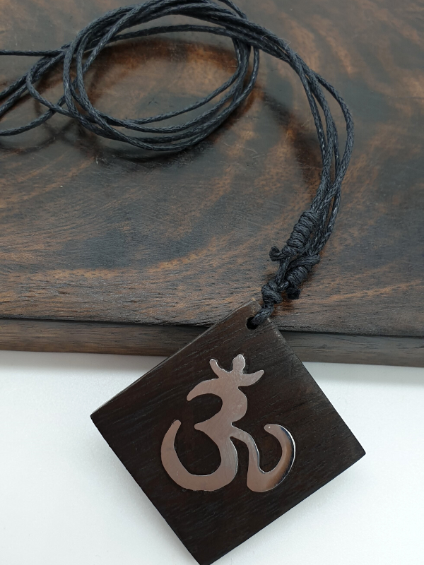 Wooden Om Necklace With Silver Inlay - Adjustable Length