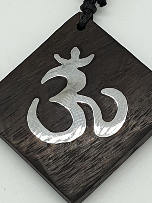 Wooden Om Necklace With Silver Inlay - Adjustable Length